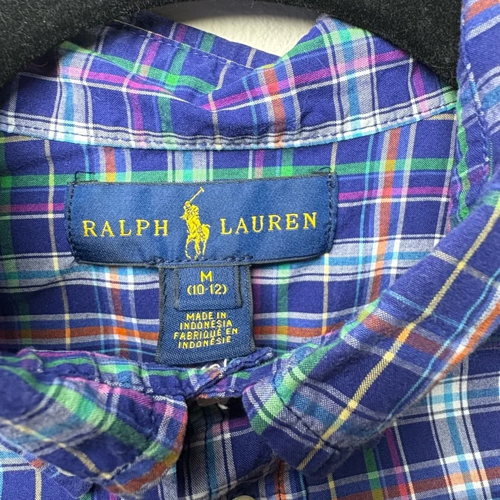 Ralph Lauren Boys Blue Plaid Button Up Shirt Size M 10-12